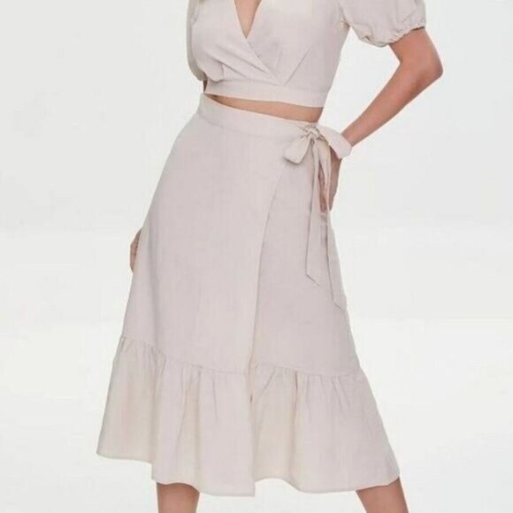 FOREVER 21 Linen Blend Tie Wrap Midi Skirt Ruffle Hem Sz M - Picture 1 of 11